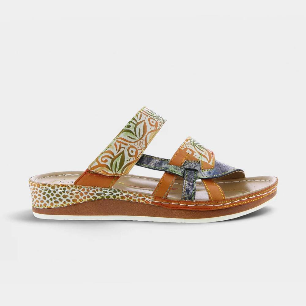 NEW L'ARTISTE women's caiman sandal in camel multi